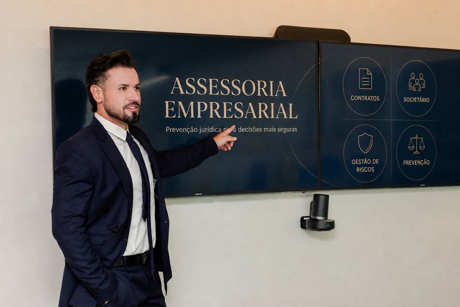 Vinicius Del Rio apresentando os pilares da assessoria jurídica empresarial